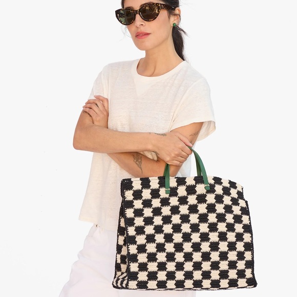 Clare V Summer Simple Tote Black/Cream Crochet Checker - Picture 2 of 14